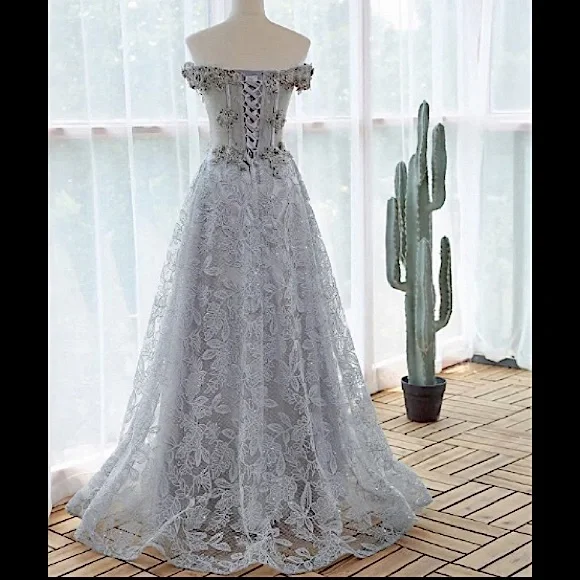 Grey sequin lace flower A-line Bridal dress